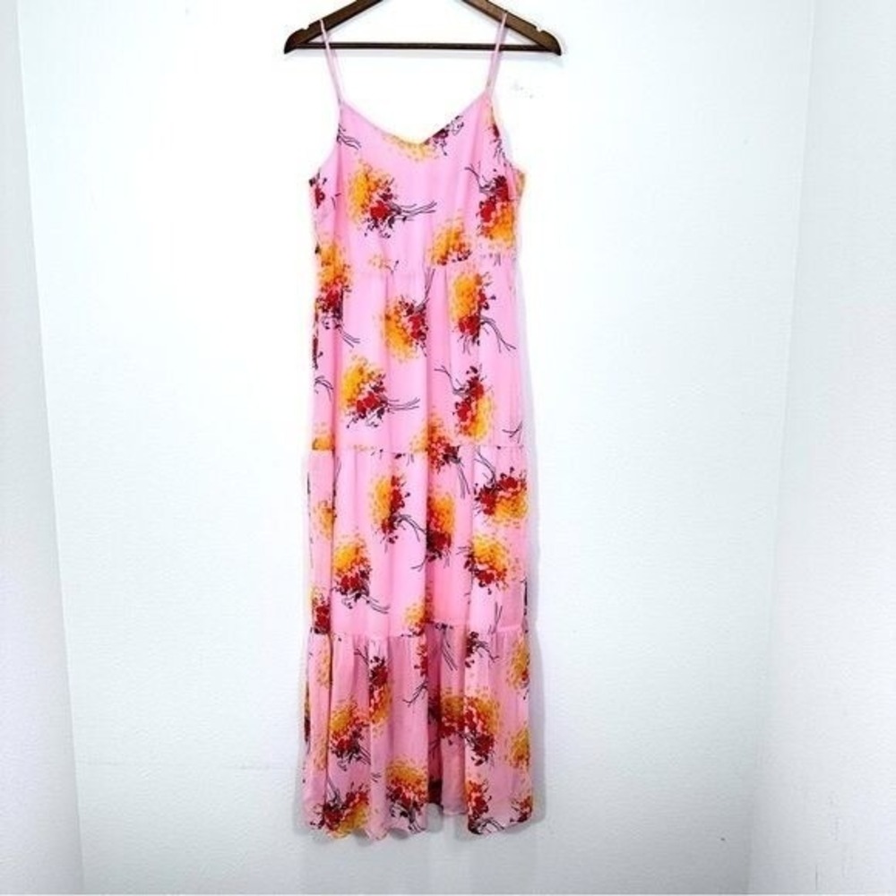 J. Crew Size 6 Maxi Dress Vibrant Pink Floral Sunburst Spaghetti Strap Tiered